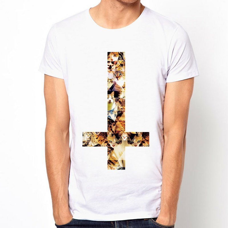 Inverted Cross-CAT#2 短袖T恤-白色 倒十字架 猫咪 相片 宗教 设计 艺术 讽刺 - 女装 T 恤 - 其他材质 白色