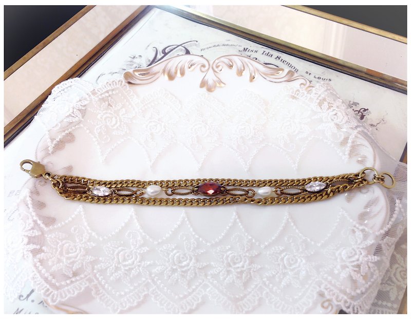 +高雅红锆石·珍珠·黄铜手链+ - 手链/手环 - 铜/黄铜 金色
