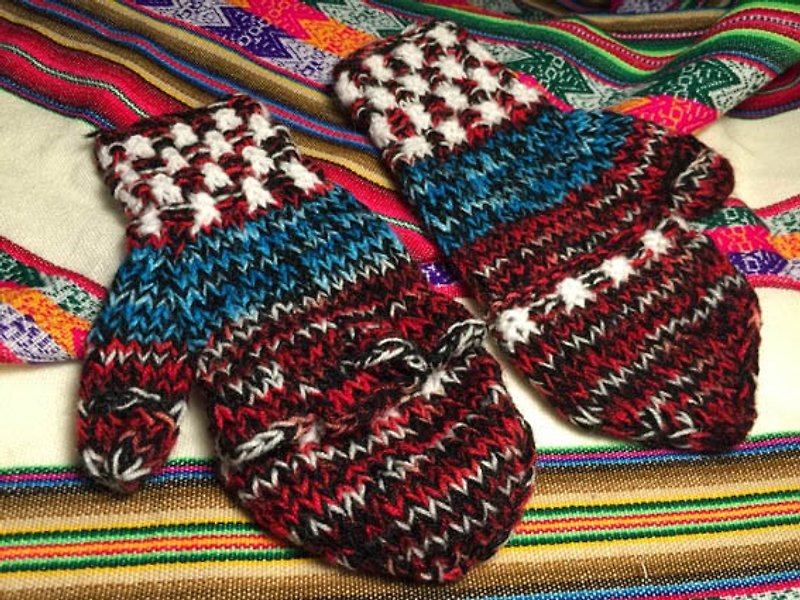 祕鲁手工毛料盖子手套-黒蓝红 - 手套 - 其他材质 多色