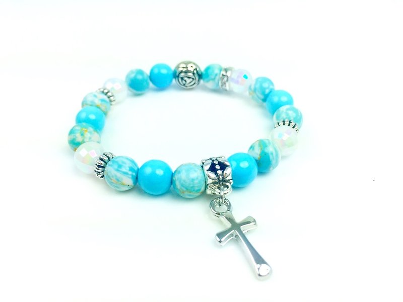 “蓝色渲染石 x 银色十字架” - 手链/手环 - 其他材质 蓝色