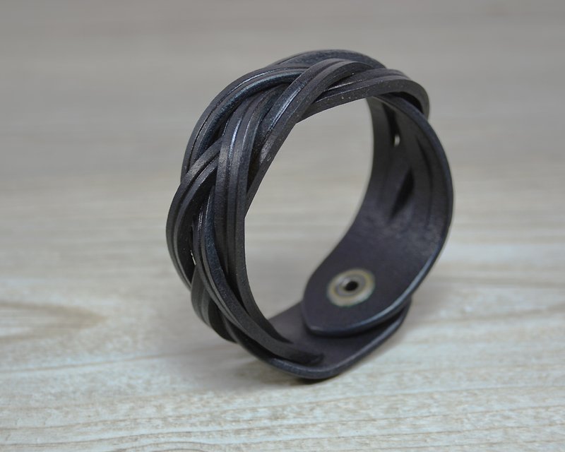 黑色植鞣革手工编织皮手环 - 手链/手环 - 真皮 黑色