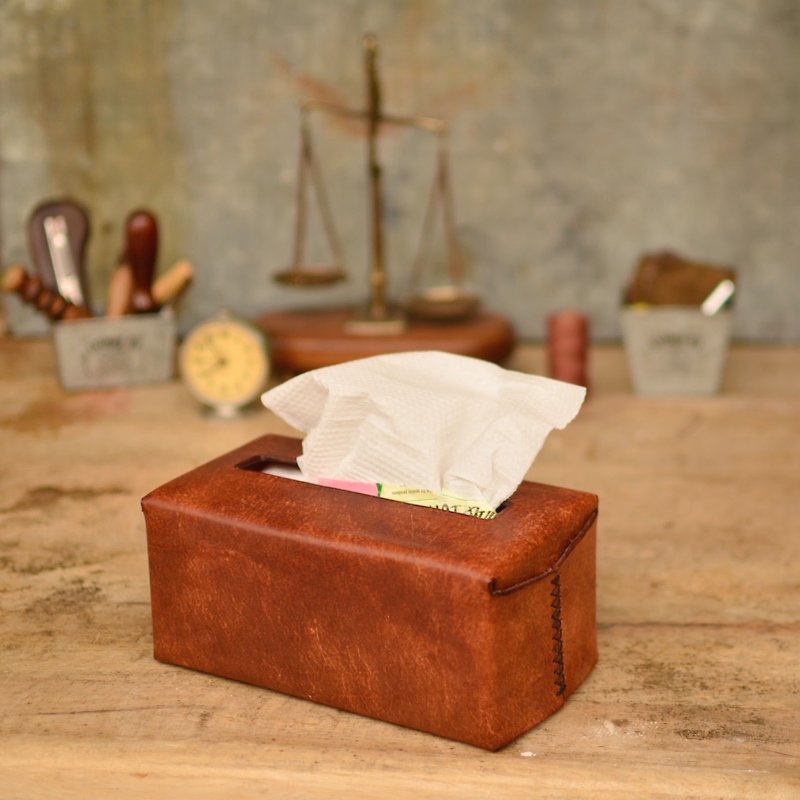 Shika 夕卡革物 -  手缝面纸盒 （意大利植鞣革）// 豆茶色 - 收纳用品 - 真皮 咖啡色