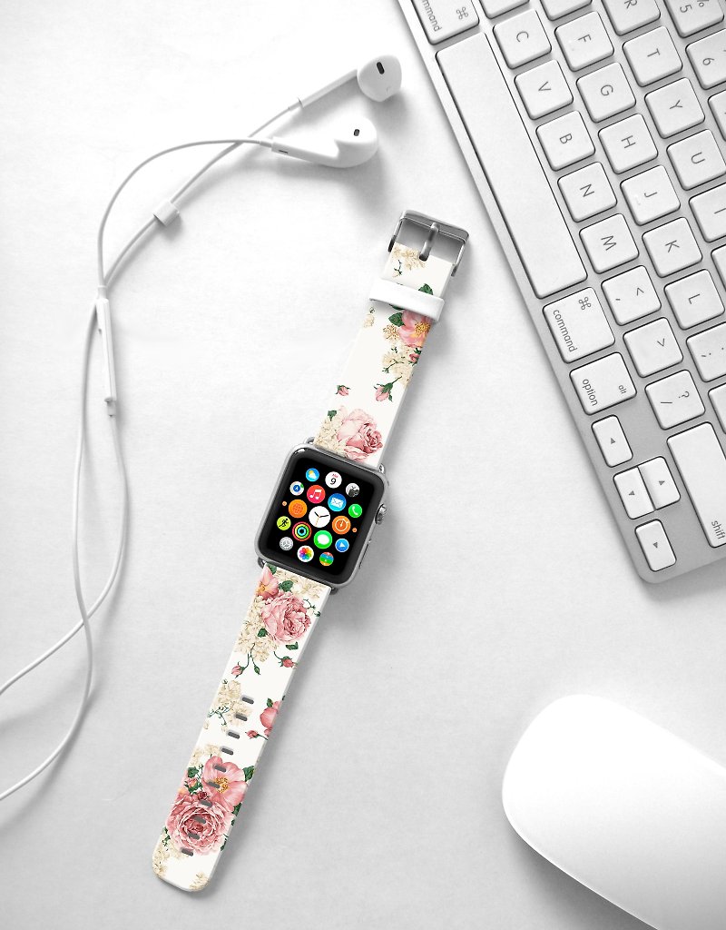 Apple Watch Series 1 , Series 2, Series 3 - Apple Watch 真皮手表带，适用于Apple Watch 及 Apple Watch Sport - Freshion 香港原创设计师品牌 - 粉红玫瑰花纹 - 表带 - 真皮 