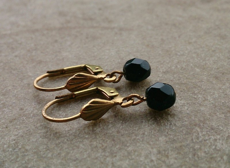 黑色玻璃黄铜耳环 - 耳环/耳夹 - 宝石 黑色