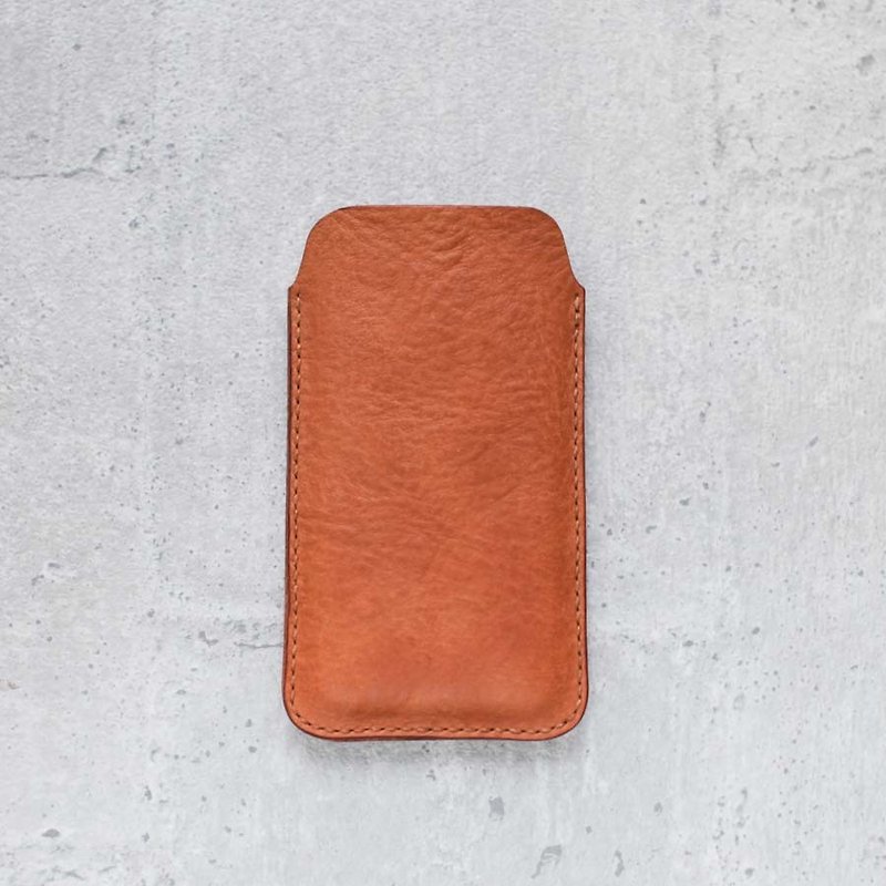iPhone 15 焦糖棕色极简约手工牛皮皮套 - 手机壳/手机套 - 真皮 橘色