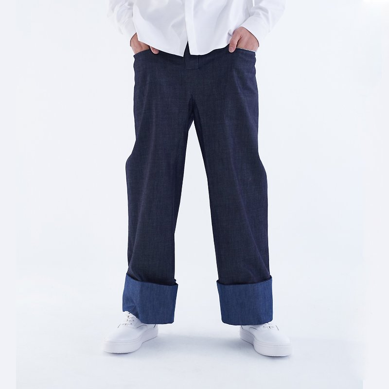 TRAN - 反褶大宽裤 - 男士长裤 - 棉．麻 蓝色