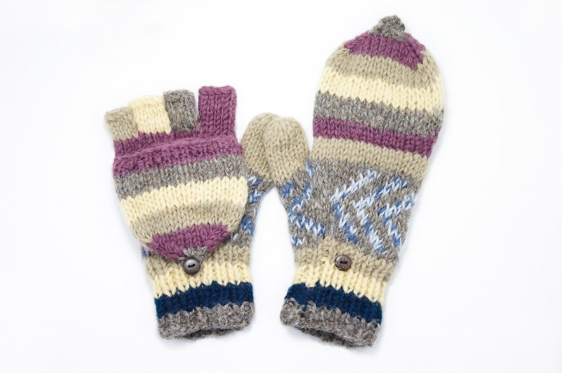 限量一件手织纯羊毛针织手套 / 可拆卸手套 / 内刷毛手套 / 保暖手套 - 蓝紫森林图腾 - 手套 - 其他材质 多色