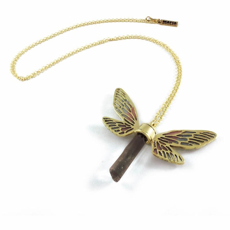 Brass Dragonfly wing pendant with smoky raw quartz stone and enamel color - 项链 - 其他金属 