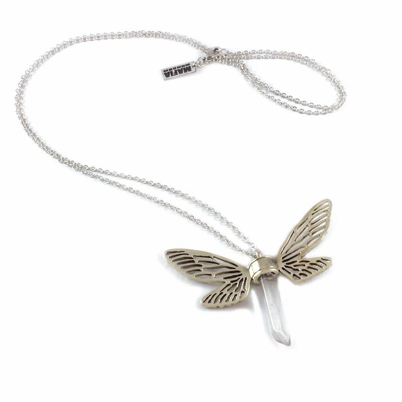 White bronze Dragonfly wing pendant with clear raw quartz stone - 项链 - 其他金属 