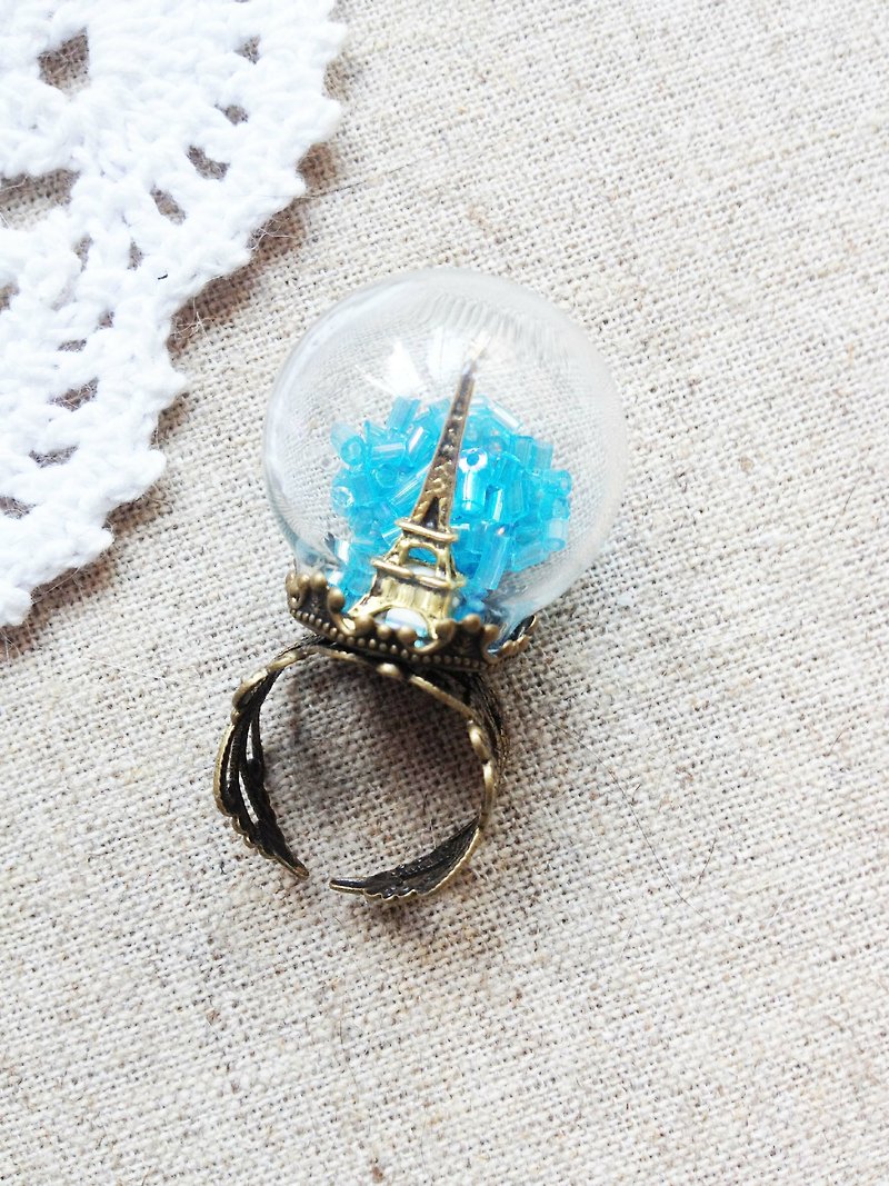 [imykaka] ♥ 蓝天巴黎铁塔 古典玻璃球银戒指 - 戒指 - 其他材质 蓝色