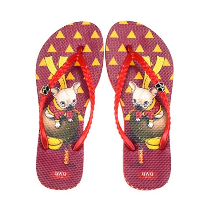 QWQ创意设计人字拖鞋(无钻)-New Year-红【STN0461501】 - 女款休闲鞋 - 防水材质 红色