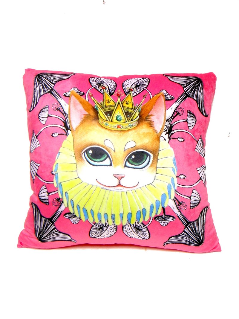 《Gookaso》 猫咪王帝 卡通印花抱枕 45x45cm 原创设计 - 枕头/抱枕 - 纸 粉红色