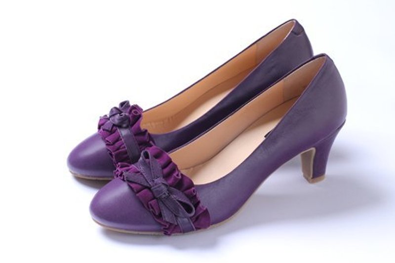 紫色滚边蝴蝶结修长跟鞋 - 高跟鞋 - 真皮 紫色
