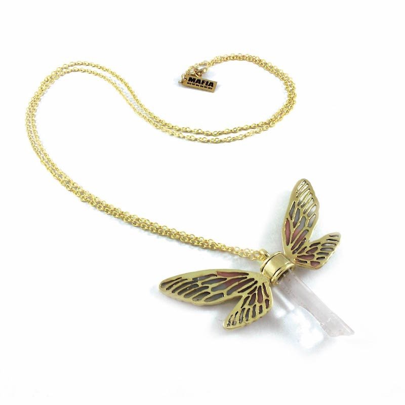 Brass Dragonfly wing pendant with clear raw quartz stone and enamel color - 项链 - 其他金属 