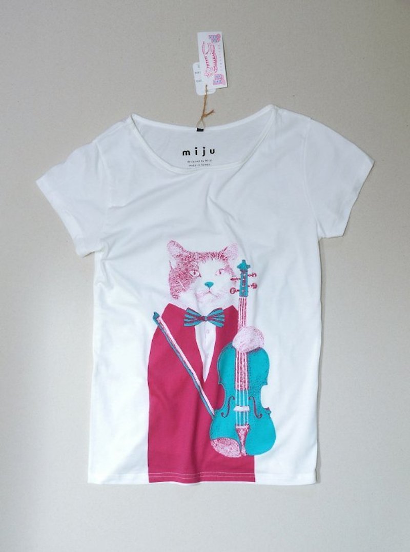 猫咪小提琴T-shirt（桃红＋薄荷） - 女装 T 恤 - 棉．麻 红色