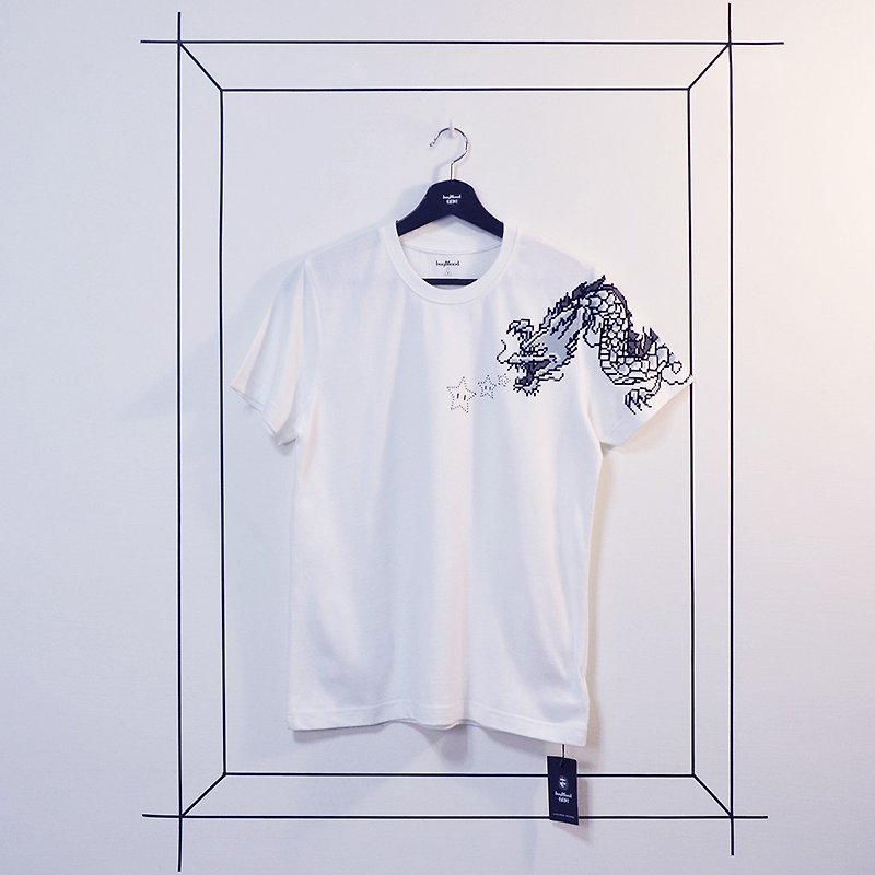 电玩刺青龙T恤 8bit纹身T恤 男生礼物 设计T恤 白目T恤 创意T恤 - 男装上衣/T 恤 - 棉．麻 白色