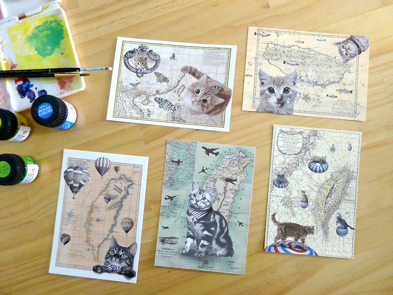台湾地图 敢做梦的猫 五款 明信片 - 卡片/明信片 - 纸 多色