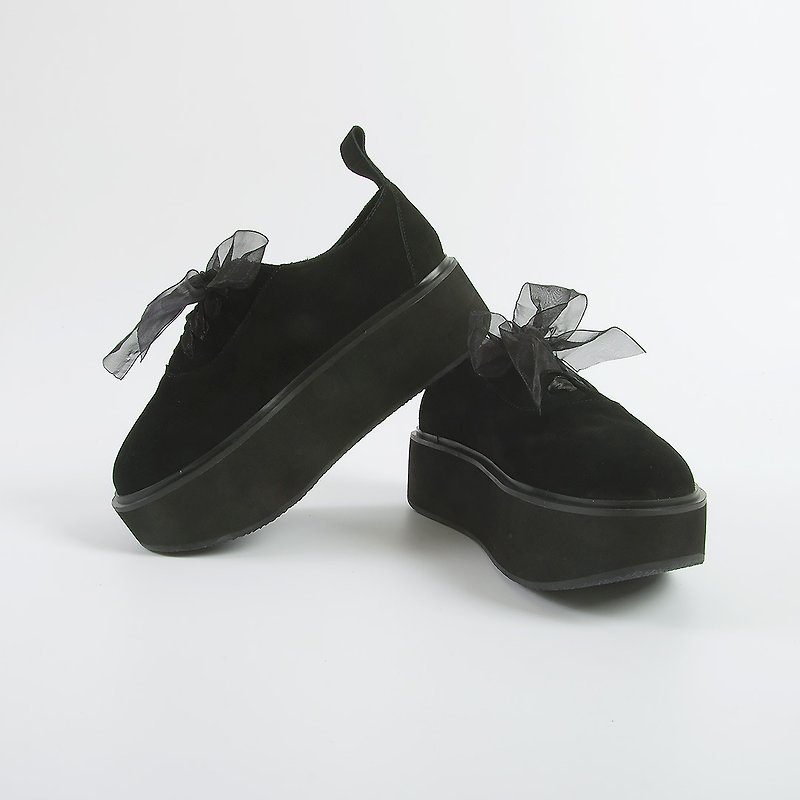 黑色真皮丝带增高鞋 松糕鞋 - imakokoni - 女款休闲鞋 - 真皮 黑色