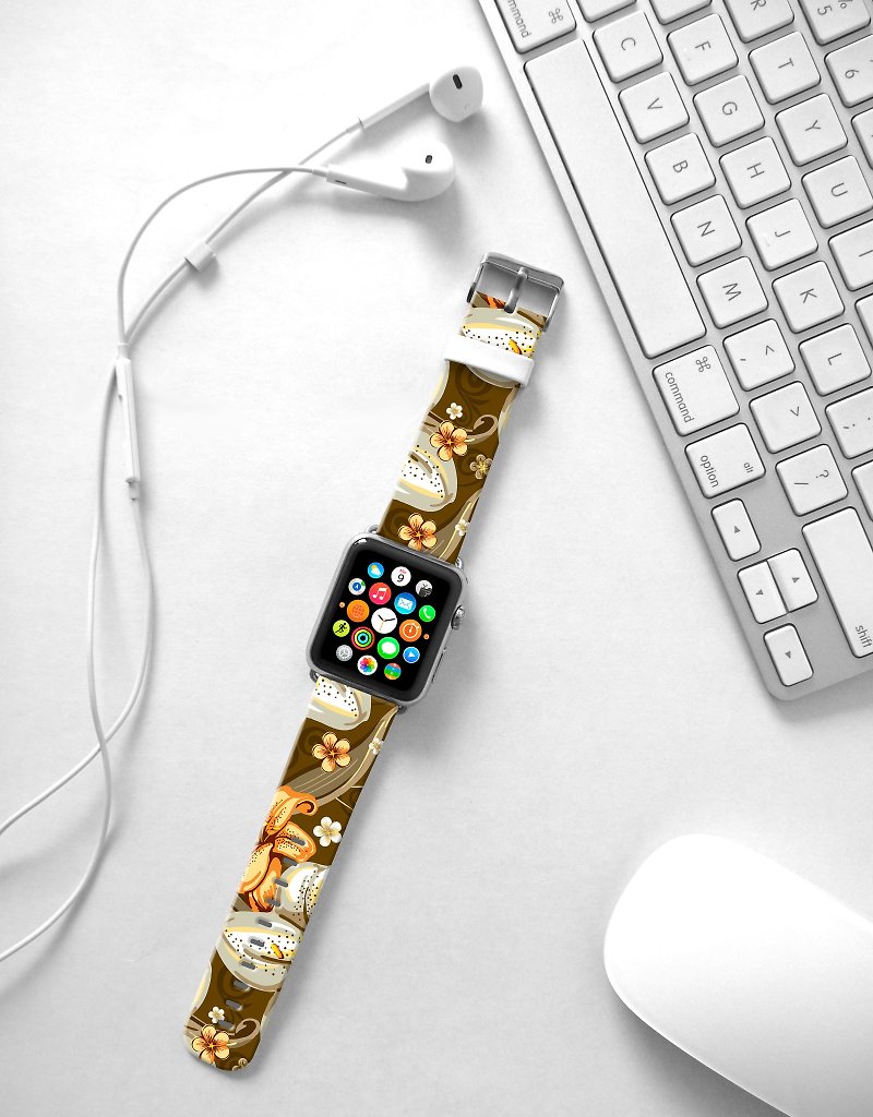 Apple Watch Series 1 , Series 2, Series 3 - Apple Watch 真皮手表带，适用于Apple Watch 及 Apple Watch Sport - Freshion 香港原创设计师品牌 - 棕色百合花纹 cr19 - 表带 - 真皮 