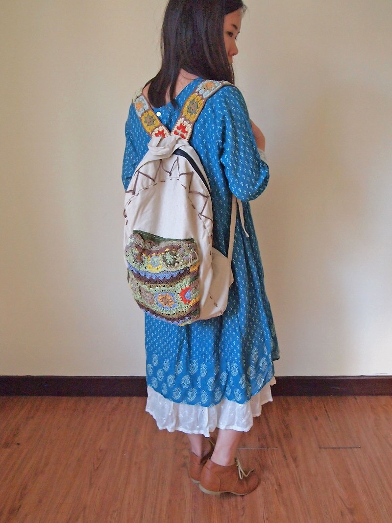 Japaindia文化彩色编织后背包-米色 - 后背包/双肩包 - 棉．麻 多色