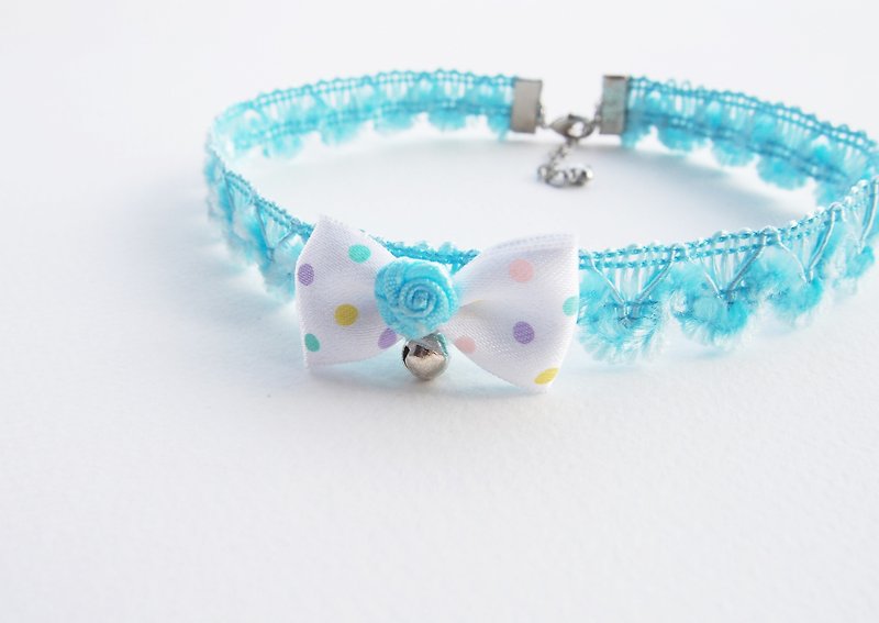 Blue lace choker / necklace with polka dot bow and silver bell. - 项链 - 其他材质 蓝色
