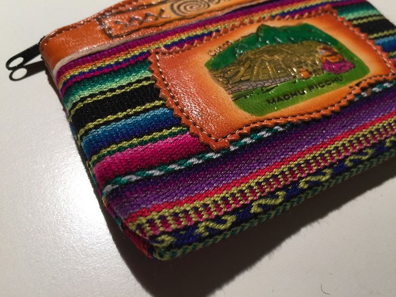 秘鲁多彩织纹拼接真皮个性拉链置物包-咖啡橘 - 皮夹/钱包 - 其他材质 橘色
