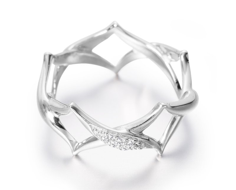 纯银交叉戒指 个性925银饰宽版戒指 创新纯银戒指 质感钻石银戒 - 对戒 - 钻石 银色