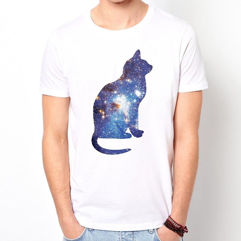 Cosmic Cat 短袖T恤 白色 猫咪喵星宇宙设计银河系时髦文青礼物 - 男装上衣/T 恤 - 棉．麻 白色