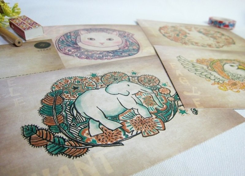 <秘境之生>明信片套组-4入(象、兔、猫、鹰) - 卡片/明信片 - 其他材质 咖啡色
