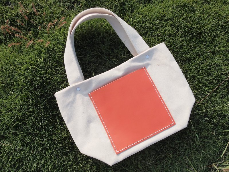 手工帆布包 方块造型 手提包 托特包  橘色款皮革 - 手提包/手提袋 - 其他材质 橘色