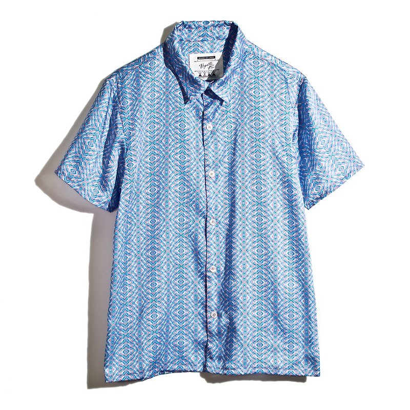蓝色催眠格 短袖衬衫 - 男装衬衫 - 聚酯纤维 蓝色