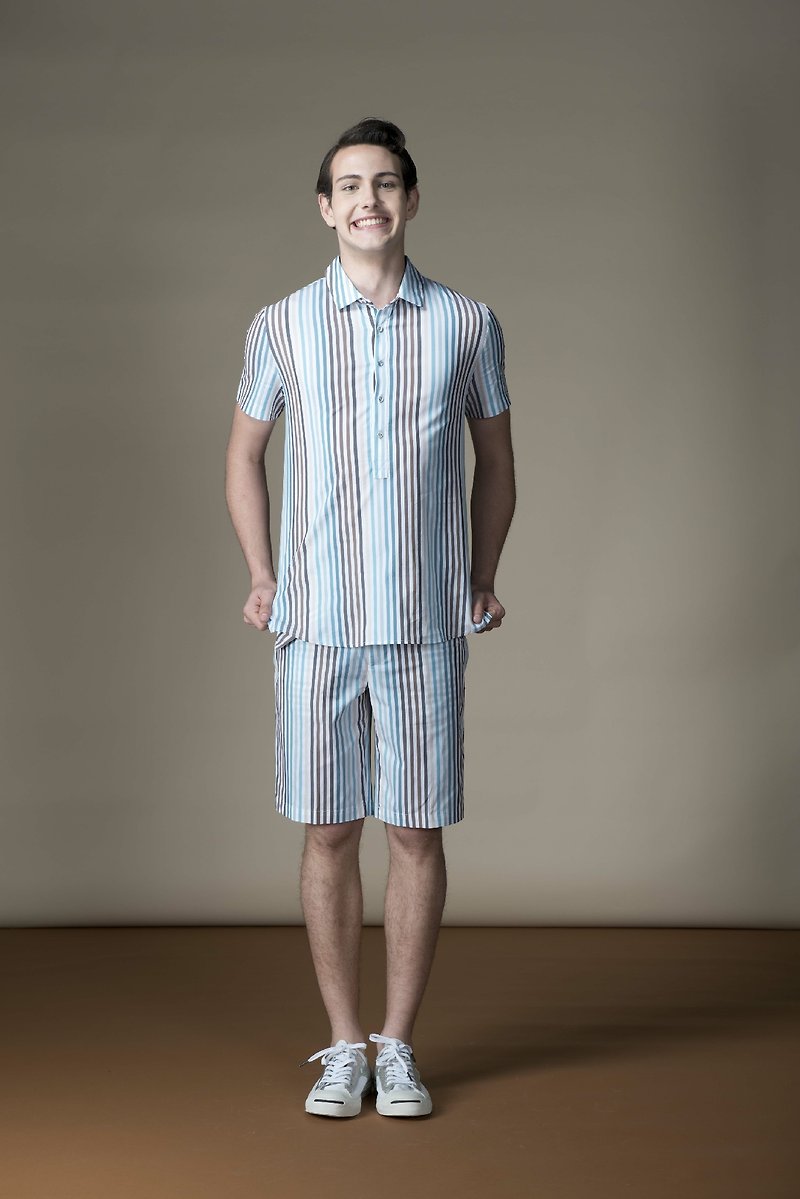 Sevenfold  Gradient Striped Short Sleeved Shirt 渐层条纹短袖衬衫 (蓝/褐) - 男装衬衫 - 其他材质 