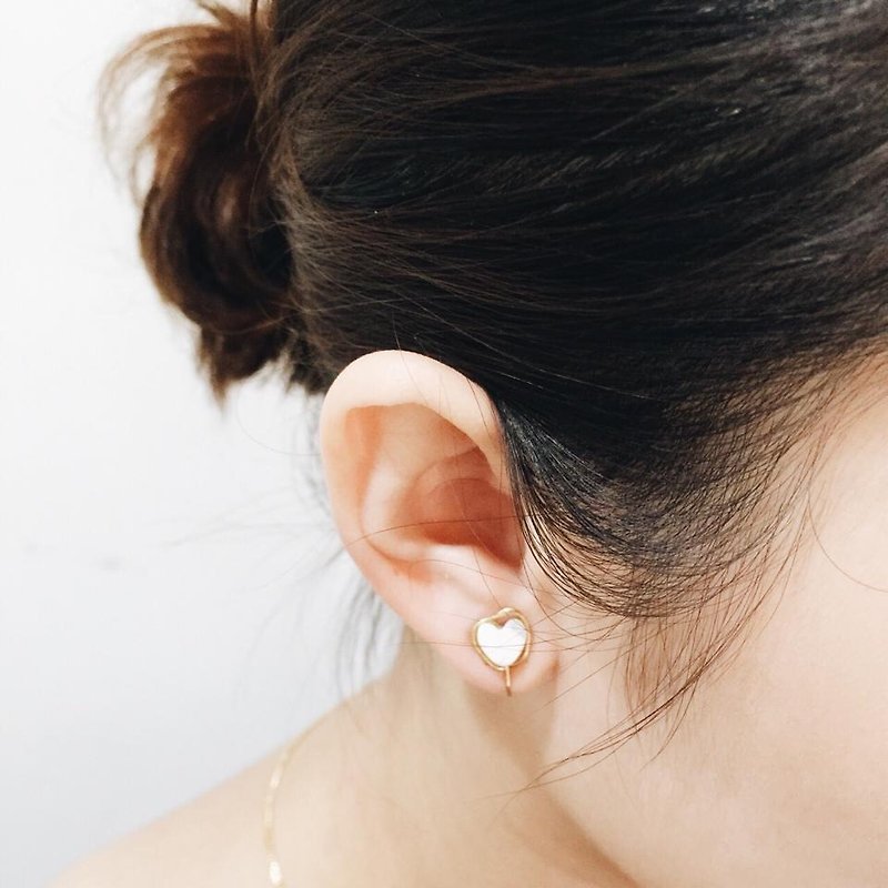 （限量）天然石 | 心型 白纹石耳夹/耳针耳环 - 耳环/耳夹 - 宝石 白色