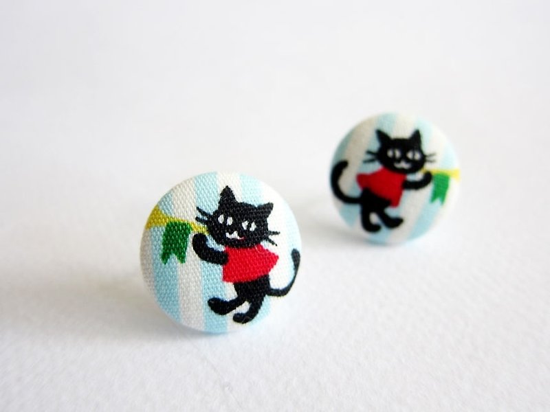 布扣耳环 小黑猫 可做夹式耳环 - 耳环/耳夹 - 其他材质 蓝色