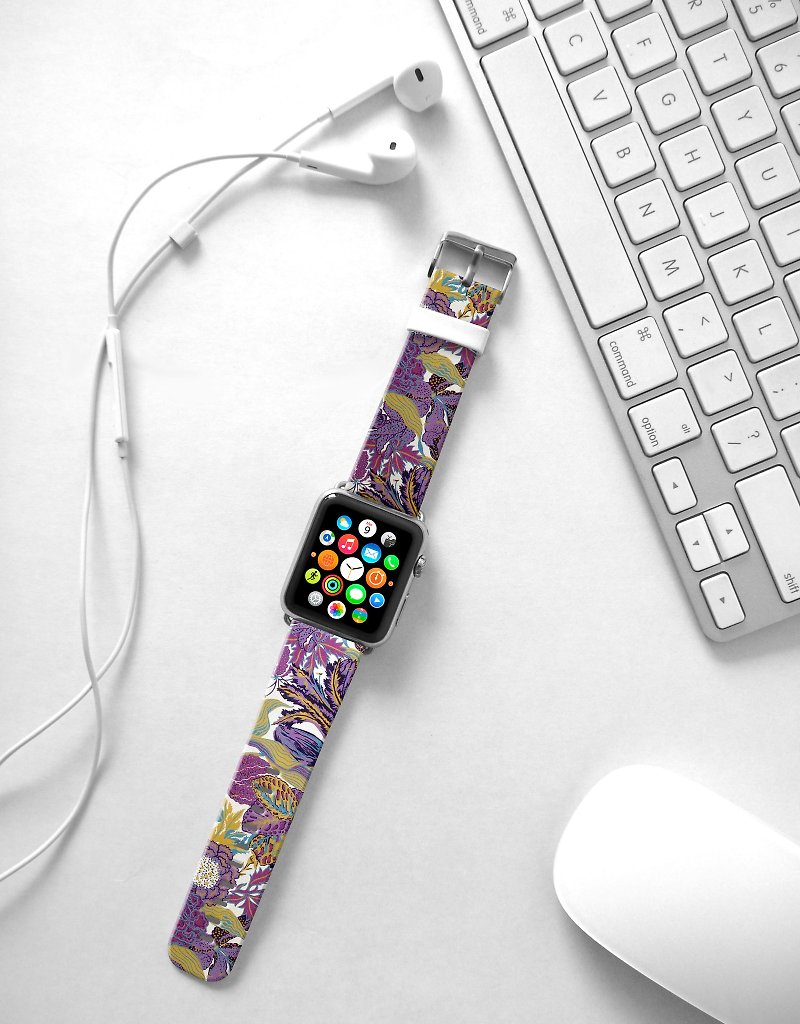 Apple Watch Series 1 , Series 2, Series 3 - Apple Watch 真皮手表带，适用于Apple Watch 及 Apple Watch Sport - Freshion 香港原创设计师品牌 - 紫色花样图纹 95 - 表带 - 真皮 