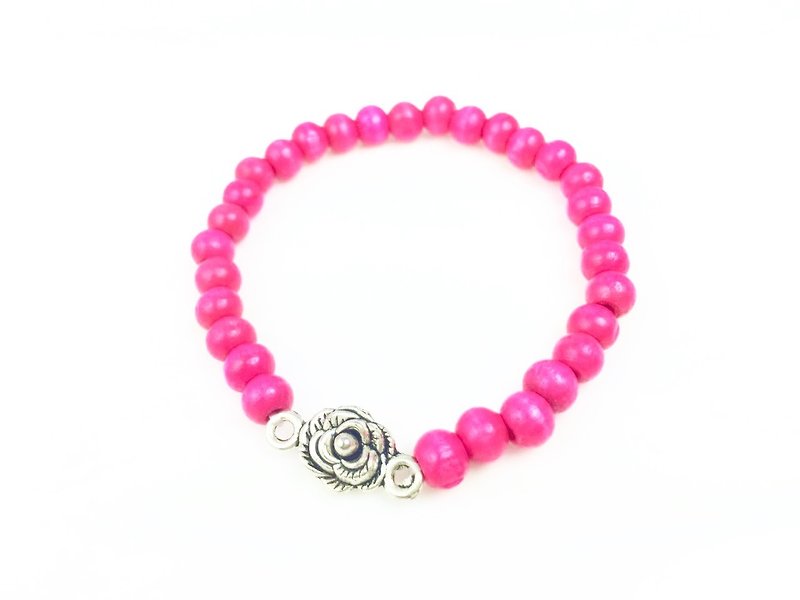 “粉色木头珠 x 银色玫瑰” - 手链/手环 - 其他材质 粉红色