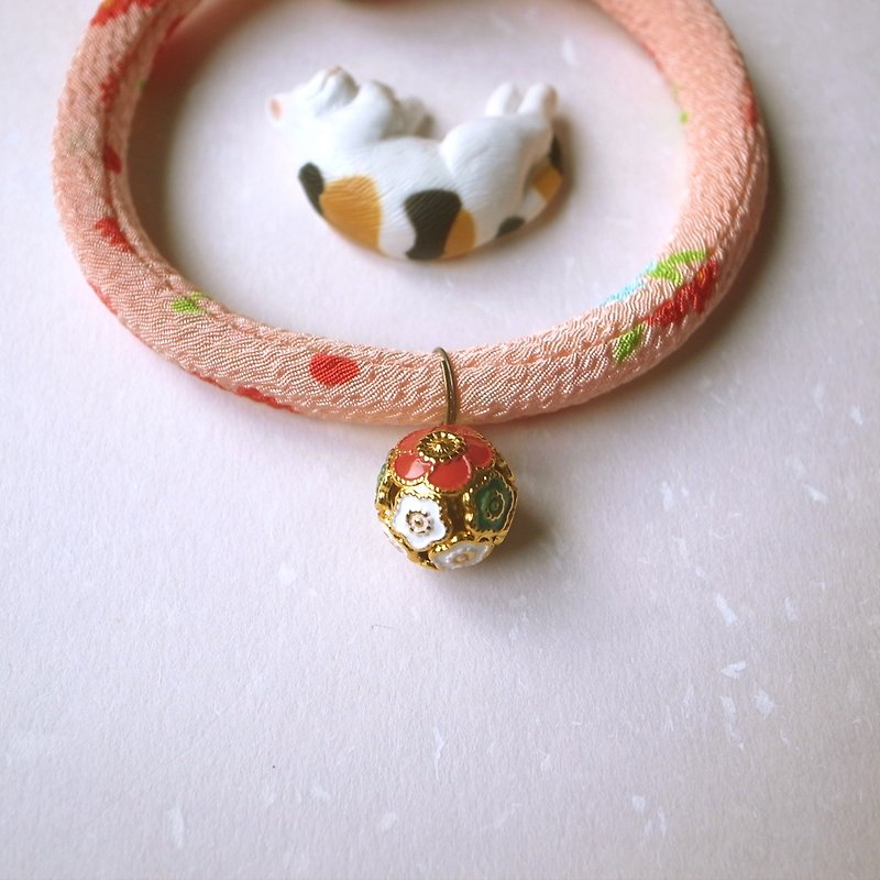 日本犬猫和布颈圈 项圈(单结式)--粉橘+梅圆铃 - 项圈/牵绳 - 丝．绢 粉红色