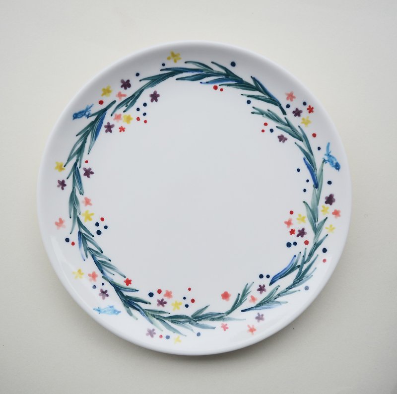 手绘7寸蛋糕盘 水草花圈与小青鸟 - 浅碟/小碟子 - 瓷 绿色