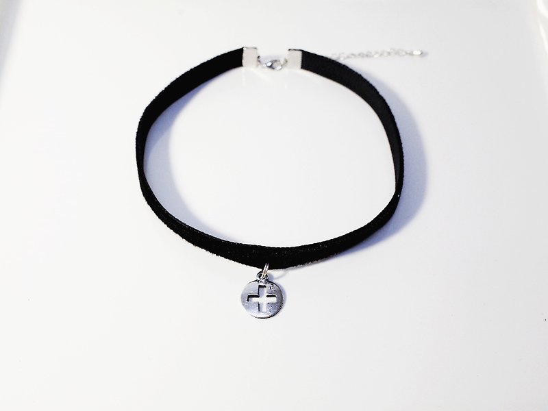 十字守护 绒面缎带颈链 (4色) - 项链 - 其他材质 黑色