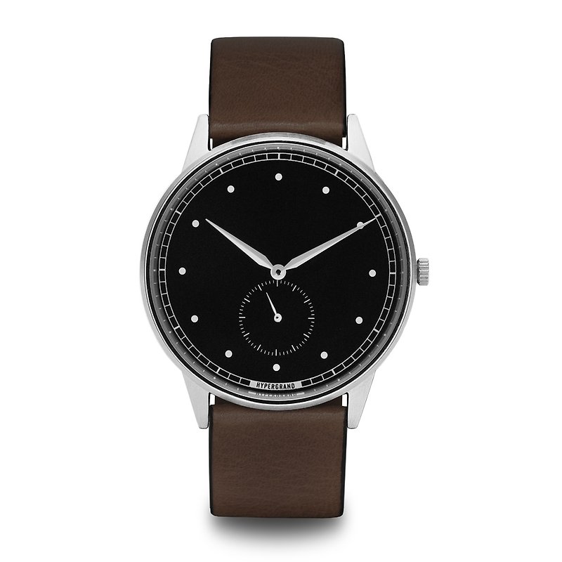 HYPERGRAND - 小秒针系列 - 银黑表盘棕皮革手表 - 男表/中性表 - 真皮 咖啡色