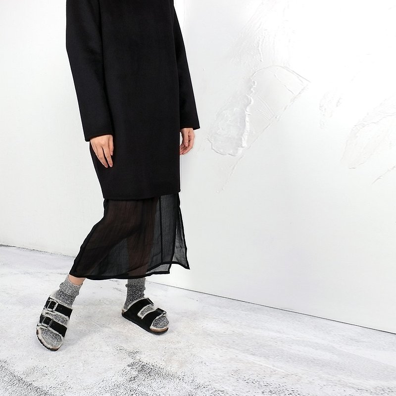 杲果/GAOGUO原创设计师女装品牌 黑羊毛双面呢极简圆领叠纱连衣裙 - 裙子 - 其他材质 黑色