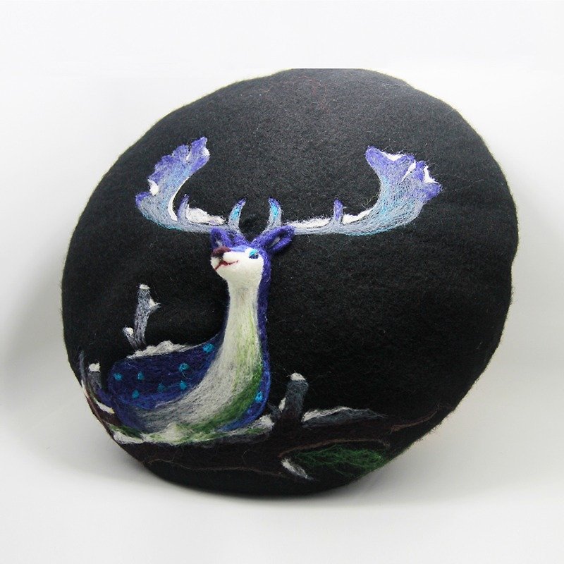 原创手工羊毛毡贝雷帽画家帽针毡立体麋鹿圣诞礼物—黑色 - 帽子 - 羊毛 黑色