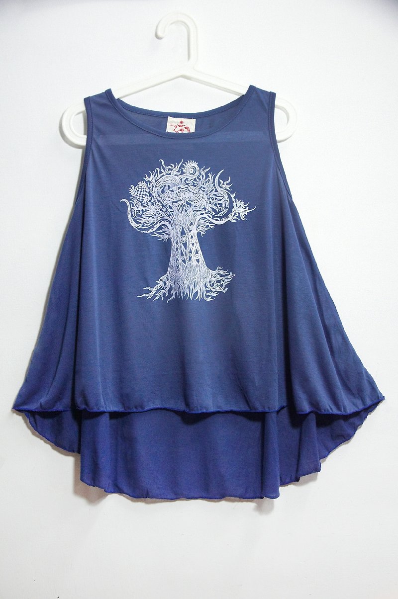 飘逸感夏日伞状背心-泰国疯狂树 - 女装 T 恤 - 棉．麻 蓝色