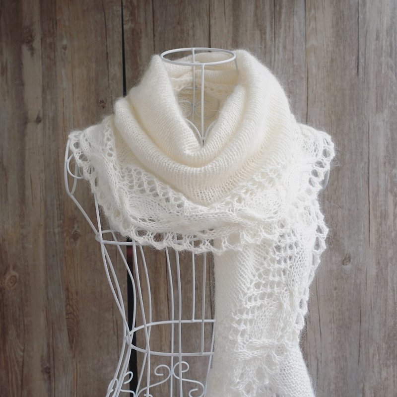 Chain毛海羊毛蕾丝披肩/围巾/手工编织 - 丝巾 - 羊毛 白色