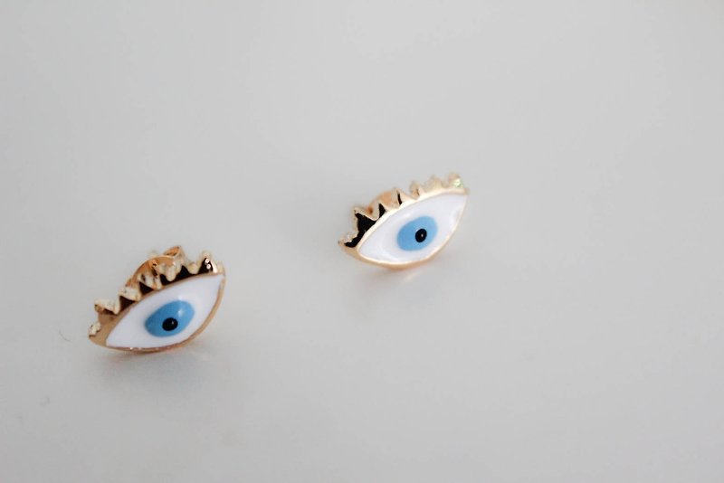 蓝眼睛黄铜耳环 - 耳环/耳夹 - 其他材质 蓝色