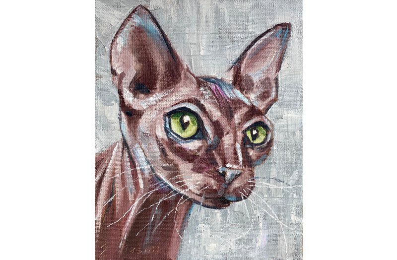 Sphynx Cat Painting Animal Original Art Pet Artwork Oil Painting - 海报/装饰画/版画 - 颜料 多色