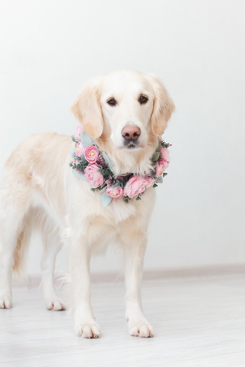 wedding dog with pink peony flowers, bridesmaid puppy sage eucalyptus garland - 衣/帽 - 植物．花 粉红色