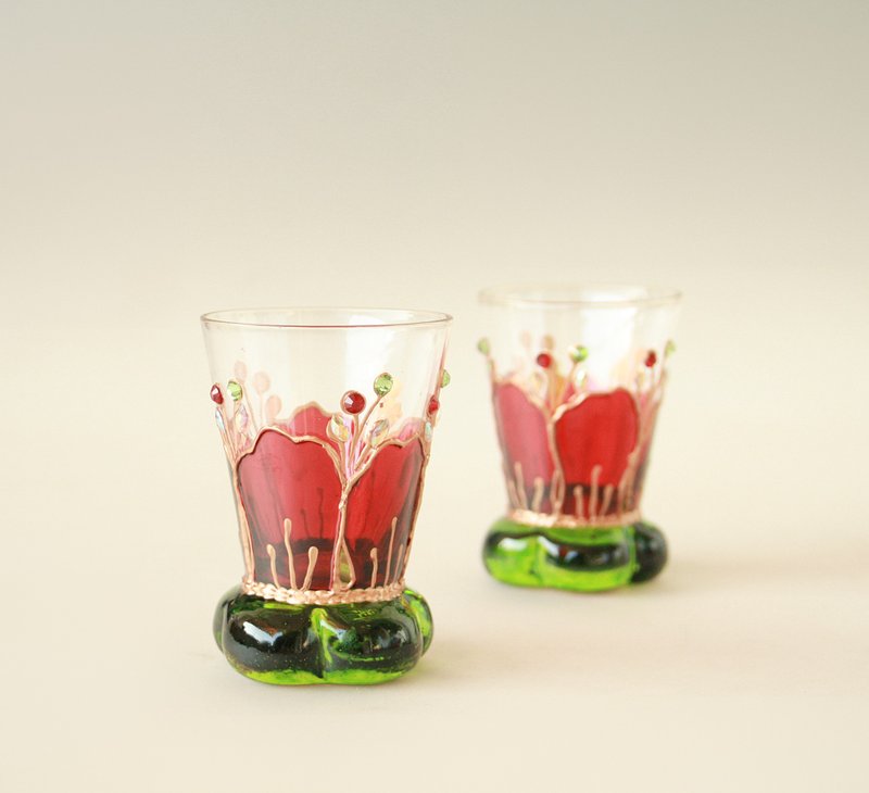 Shot Glasses, Sake, Red Flower, Hand-painted - 酒杯/酒器 - 玻璃 红色