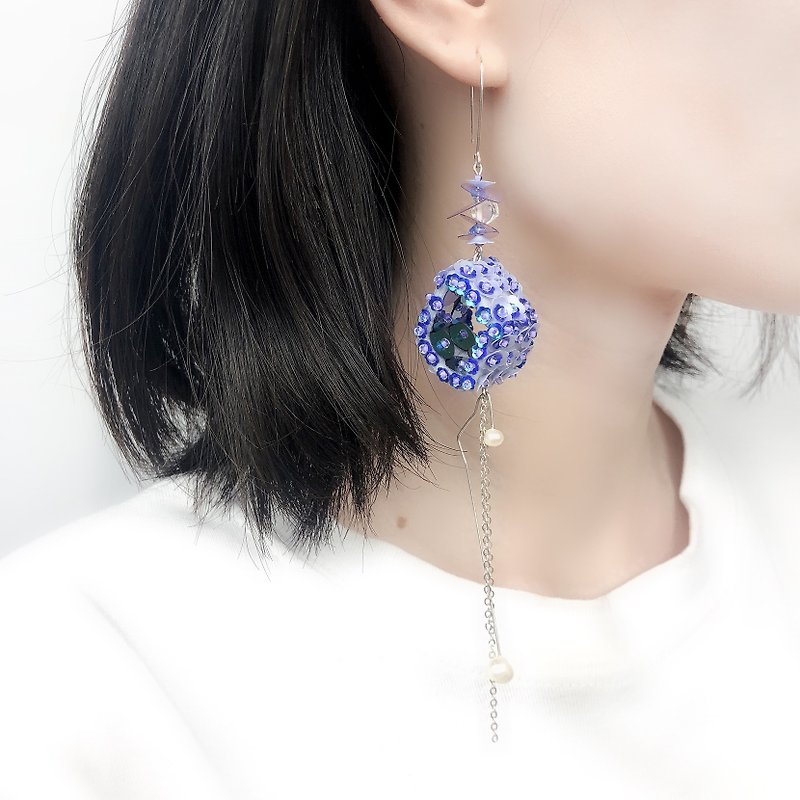 立體  珠片繡 神秘藍紫色 耳環耳夾 - 耳环/耳夹 - 纯银 紫色