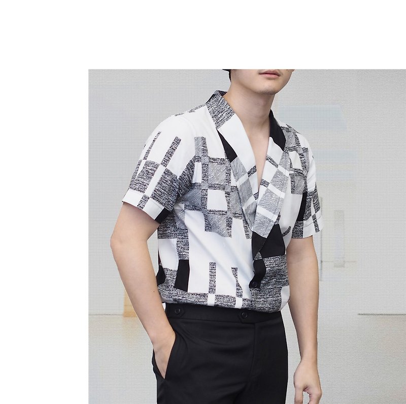Black square- draping button up shirt - 男装衬衫 - 棉．麻 白色